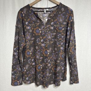 Cato Floral Textured Waffle Vneck Long Sleeve Shirt Womens Size L Thermal Fall